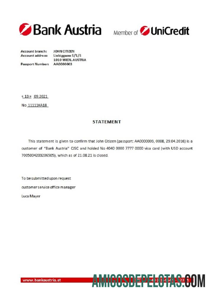 Referência de fechamento do Austria Bank Austria exemplo